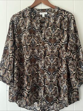 Dana Buchman Black, Brown & Cream Paisley Button-Front Blouse